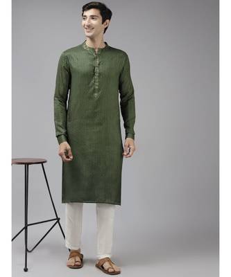 Men Green & Beige Woven Design Thread Work Kurta 2