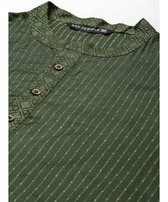 Men Green & Beige Woven Design Thread Work Kurta 3