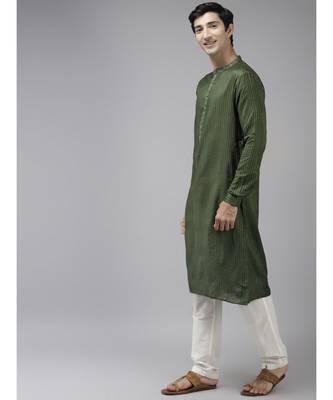 Men Green & Beige Woven Design Thread Work Kurta 4