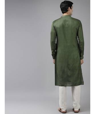 Men Green & Beige Woven Design Thread Work Kurta 5