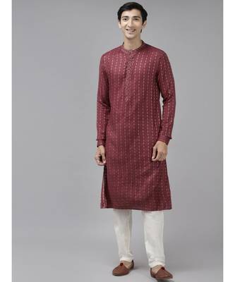 Men Burgundy & Beige Woven Design Thread Work Kurta 1