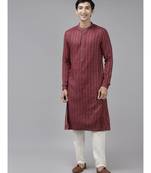 Men Burgundy & Beige Woven Design Thread Work Kurta
