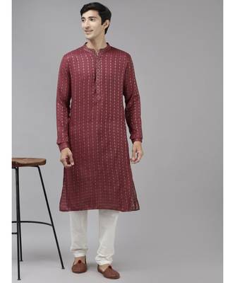 Men Burgundy & Beige Woven Design Thread Work Kurta 2