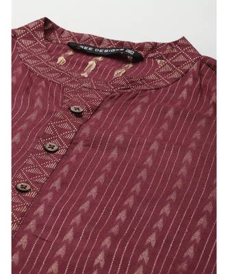 Men Burgundy & Beige Woven Design Thread Work Kurta 3