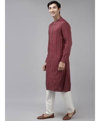 Men Burgundy & Beige Woven Design Thread Work Kurta 4