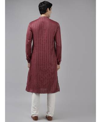 Men Burgundy & Beige Woven Design Thread Work Kurta 5