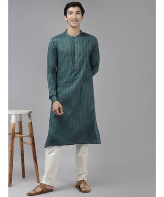Men Teal & Beige Woven Design Thread Work Kurta 2