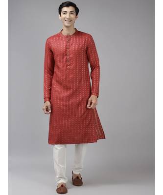 Men Maroon & Beige Woven Design Thread Work Kurta 1
