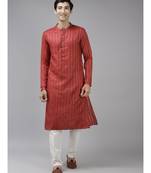 Men Maroon & Beige Woven Design Thread Work Kurta