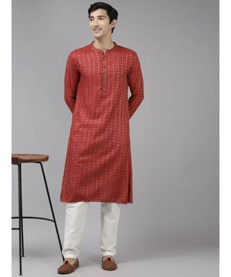 Men Maroon & Beige Woven Design Thread Work Kurta 2