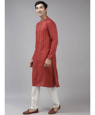 Men Maroon & Beige Woven Design Thread Work Kurta 4