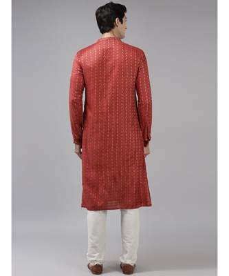 Men Maroon & Beige Woven Design Thread Work Kurta 5