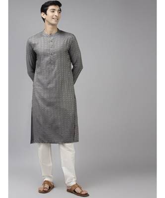 Men Grey & Beige Woven Design Thread Work Kurta 1