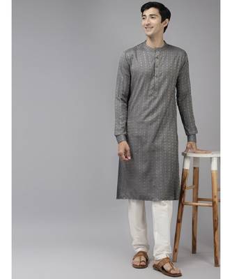 Men Grey & Beige Woven Design Thread Work Kurta 2