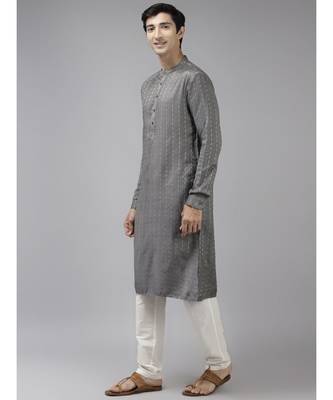 Men Grey & Beige Woven Design Thread Work Kurta 4