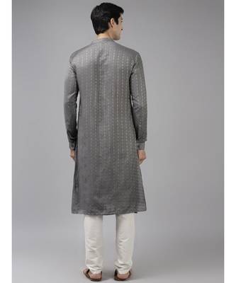 Men Grey & Beige Woven Design Thread Work Kurta 5