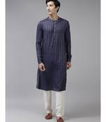Men Blue & Beige Woven Design Thread Work Kurta