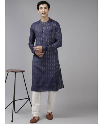 Men Blue & Beige Woven Design Thread Work Kurta 2