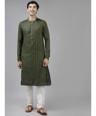 Men Green & Beige Woven Design Thread Work Kurta 1
