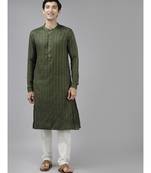 Men Green & Beige Woven Design Thread Work Kurta