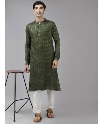 Men Green & Beige Woven Design Thread Work Kurta 2