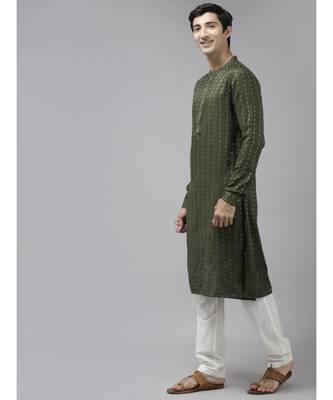 Men Green & Beige Woven Design Thread Work Kurta 4