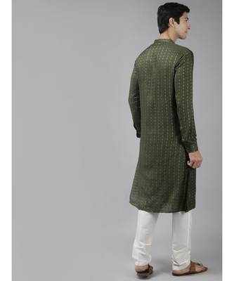 Men Green & Beige Woven Design Thread Work Kurta 5