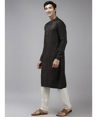 Men Olive & Beige Woven Design Thread Work Kurta 4