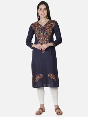 Hand Embroidered Navy Blue Cotton Lucknowi Chikankari Kurti 1