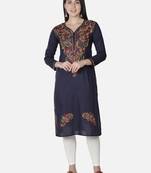 Hand Embroidered Navy Blue Cotton Lucknowi Chikankari Kurti