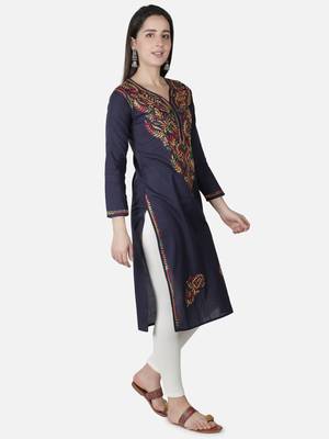 Hand Embroidered Navy Blue Cotton Lucknowi Chikankari Kurti 3