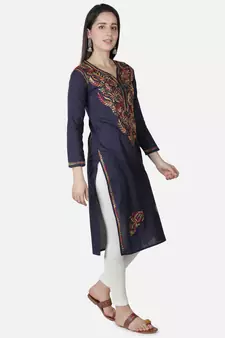 Hand Embroidered Navy Blue Cotton Lucknowi Chikankari Kurti