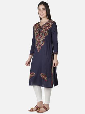 Hand Embroidered Navy Blue Cotton Lucknowi Chikankari Kurti 4