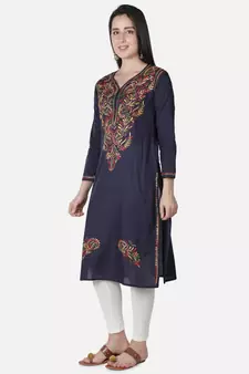 Hand Embroidered Navy Blue Cotton Lucknowi Chikankari Kurti
