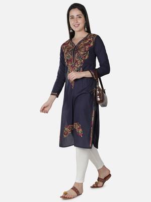 Hand Embroidered Navy Blue Cotton Lucknowi Chikankari Kurti 5
