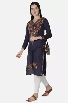 Hand Embroidered Navy Blue Cotton Lucknowi Chikankari Kurti