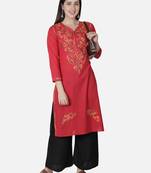 Hand Embroidered Red Cotton Lucknowi Chikankari Kurti