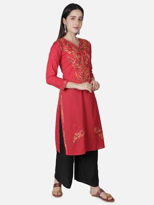 Hand Embroidered Red Cotton Lucknowi Chikankari Kurti 3