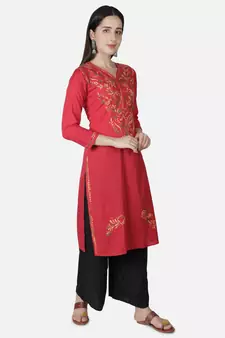 Hand Embroidered Red Cotton Lucknowi Chikankari Kurti