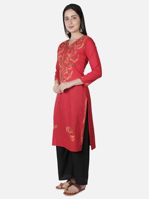 Hand Embroidered Red Cotton Lucknowi Chikankari Kurti 4
