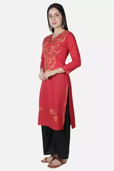 Hand Embroidered Red Cotton Lucknowi Chikankari Kurti