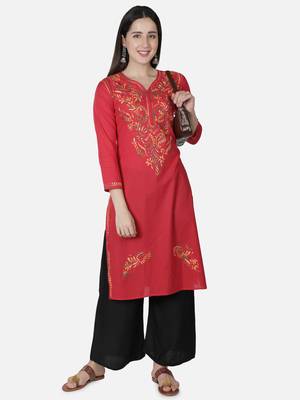 Hand Embroidered Red Cotton Lucknowi Chikankari Kurti 5