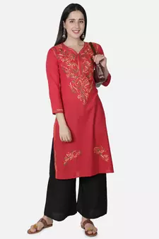 Hand Embroidered Red Cotton Lucknowi Chikankari Kurti