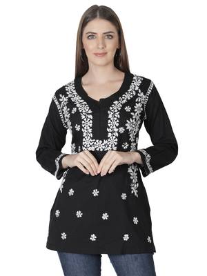 Hand Embroidered Black Cotton Lucknowi Chikankari Kurti 1