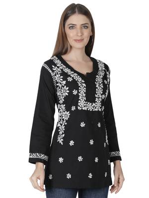 Hand Embroidered Black Cotton Lucknowi Chikankari Kurti 3