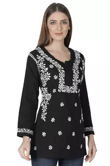 Hand Embroidered Black Cotton Lucknowi Chikankari Kurti