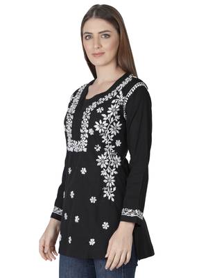 Hand Embroidered Black Cotton Lucknowi Chikankari Kurti 4