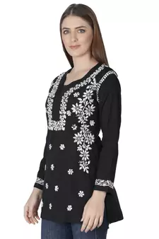 Hand Embroidered Black Cotton Lucknowi Chikankari Kurti