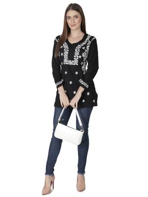Hand Embroidered Black Cotton Lucknowi Chikankari Kurti 5