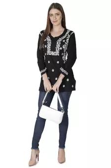 Hand Embroidered Black Cotton Lucknowi Chikankari Kurti